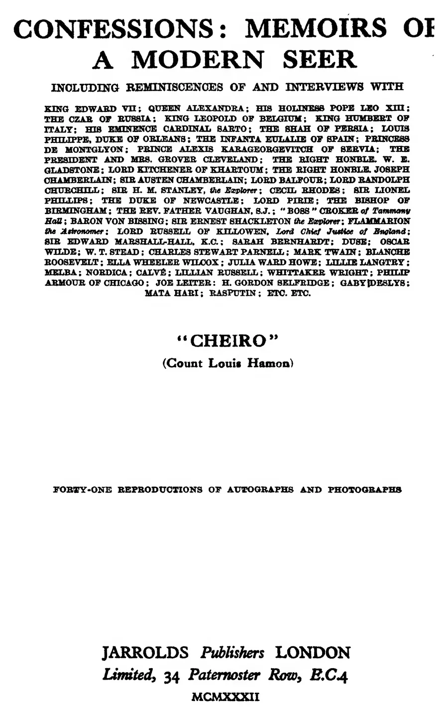 Title page of Confessions: Memoirs of a Modern Seer by Cheiro (Count Louis Hamon)