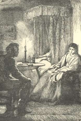 Stephen and Rachael in the sick room. Illustration by Marcus Stone, Maurice Greiffenhagen or F. Walker
