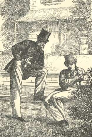 Mr. Harthouse and Tom Gradgrind in the garden. Illustration by Marcus Stone, Maurice Greiffenhagen or F. Walker