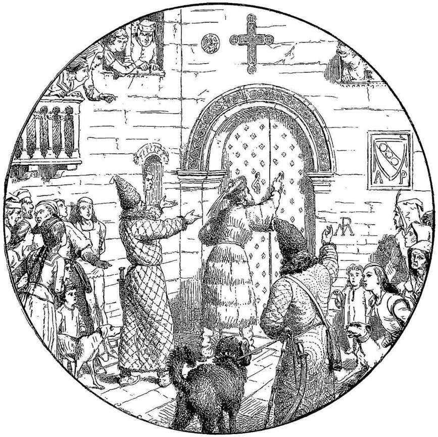 Messer Marco Polo, with Messer Nicolo and Messer Maffeo, returned from xxvi years’ sojourn in the Orient, is denied entrance to the Ca’ Polo. (See Int. )