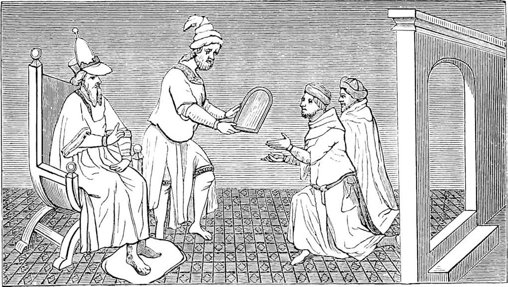 The Great Kaan delivering a Golden Tablet to the Brothers. From a miniature of the 14th century.