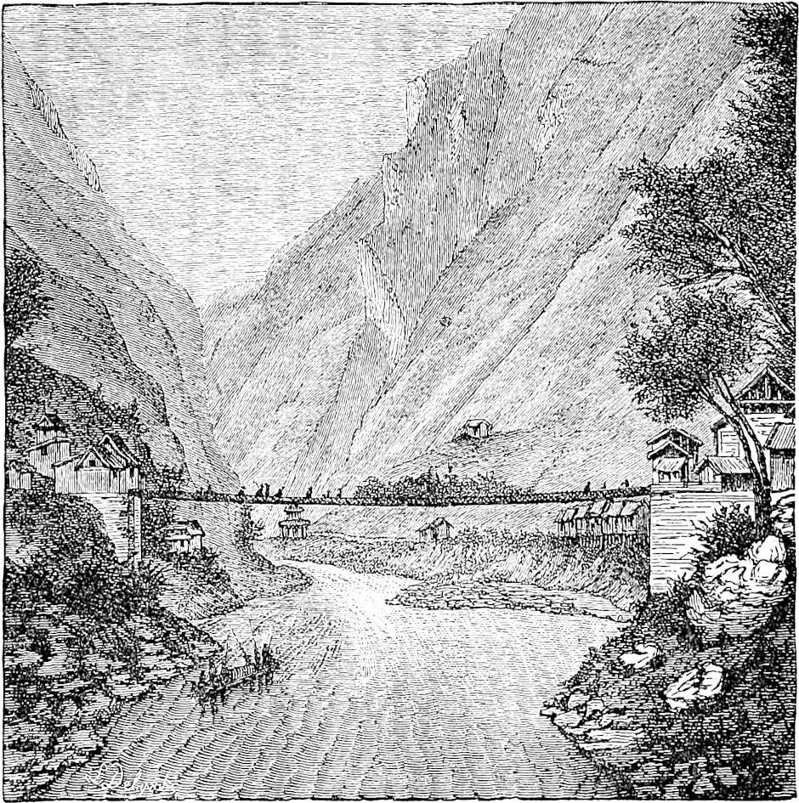 Iron Suspension Bridge at Lowatong. (From Garnier.)