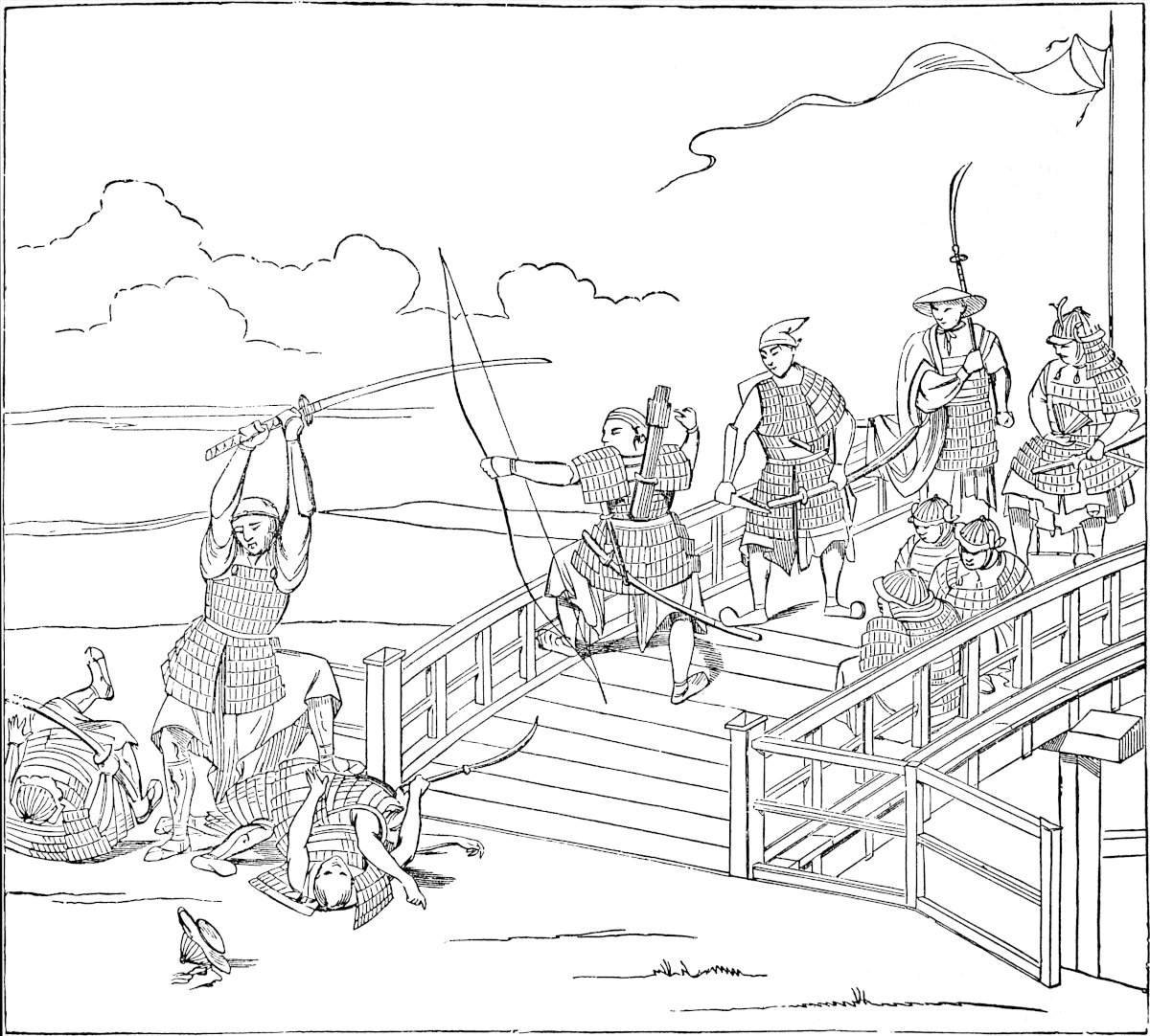 Japanese in fight with Chinese. (After Siebold, from an ancient Japanese drawing.)