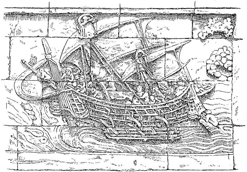 Ship of the Middle Ages in the Java Seas. (From Bas-relief at Boro Bodor.)