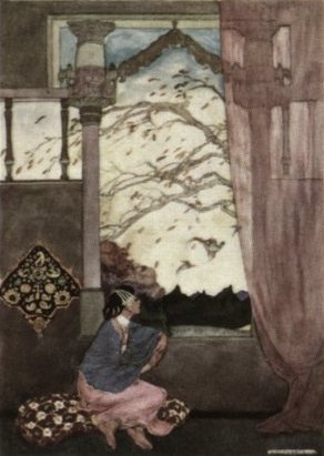 Birds and falling leaves outside a window
