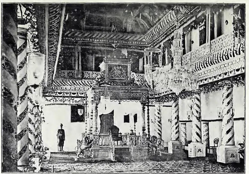 The Senior Rani's Marriage Pandal with a dais and State-chair inside.
