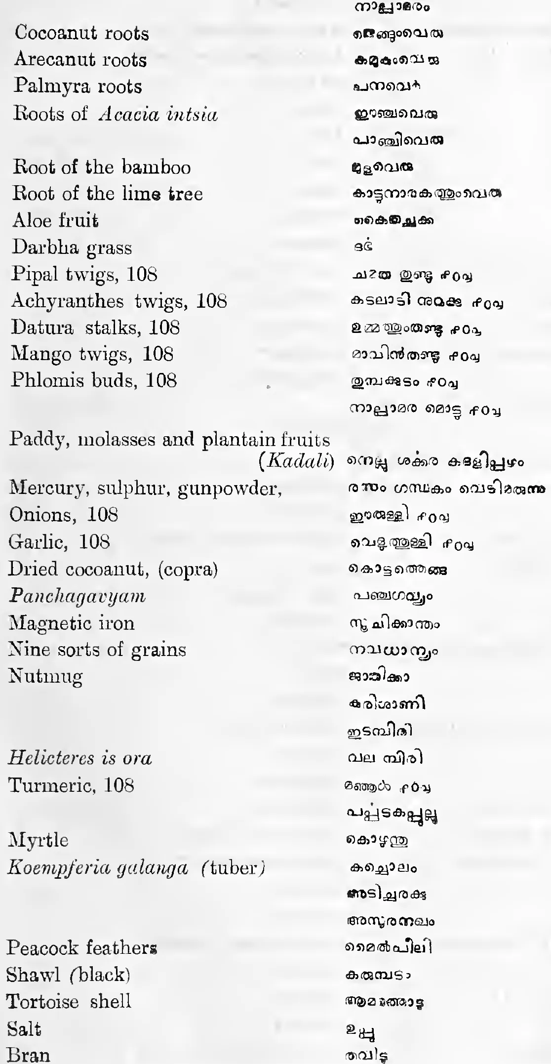 List of things prepared for exorcism, with Malayalam names (continued)