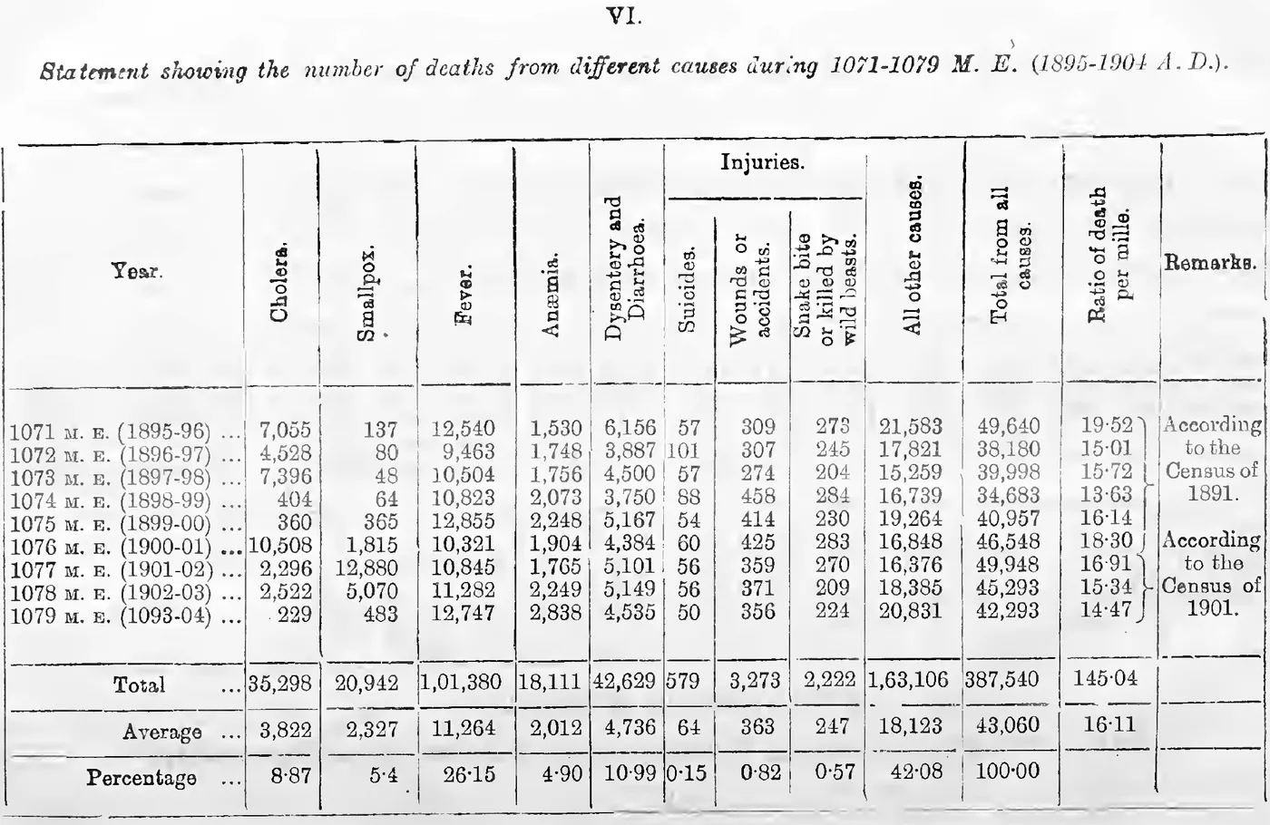Statement VI. Deaths from different causes, 1071-1079 M. E.